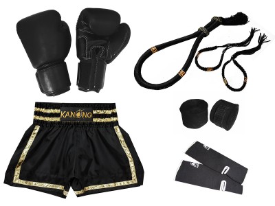 Guanti da boxe e pantaloncini abbinati a un set completo di attrezzatura Muay Thai : Set-140-Nero-Oro
